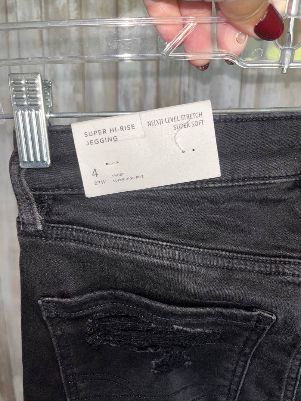 American Eagle Super Hi-Rise Jegging Jeans 4 Short Black Distressed Ripped - Picture 6 of 6